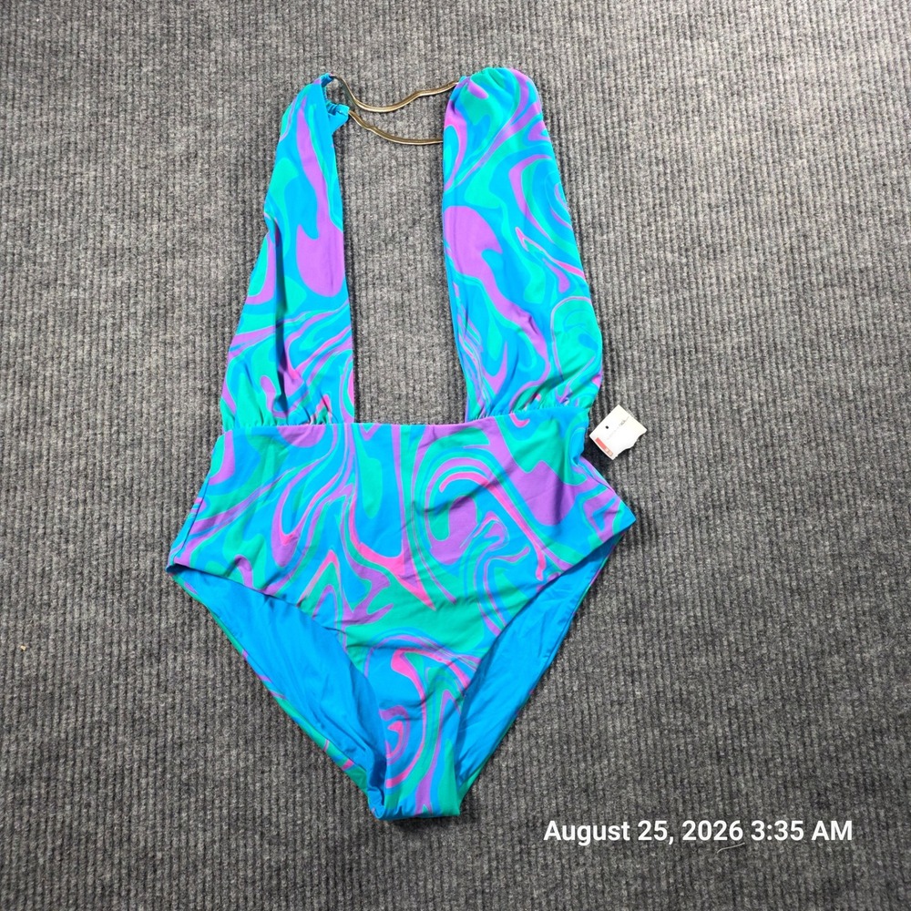 WeWoreWhat Marble Swirl One Piece Swimsuit Gold Chain Halter Blue Purple XL NEW